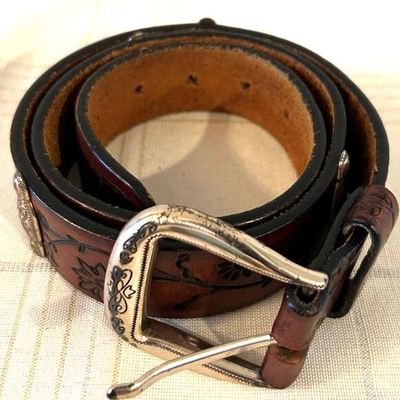 Brighton Vintage Brown Hand-Tooled Leather Belt - Size Large - Picture 2 of 6